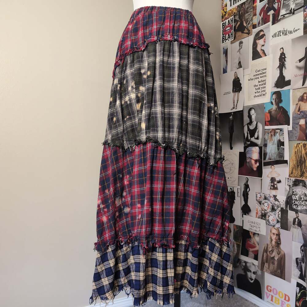 Plaid Tiered Maxi Skirt with Raw Hem Grunge